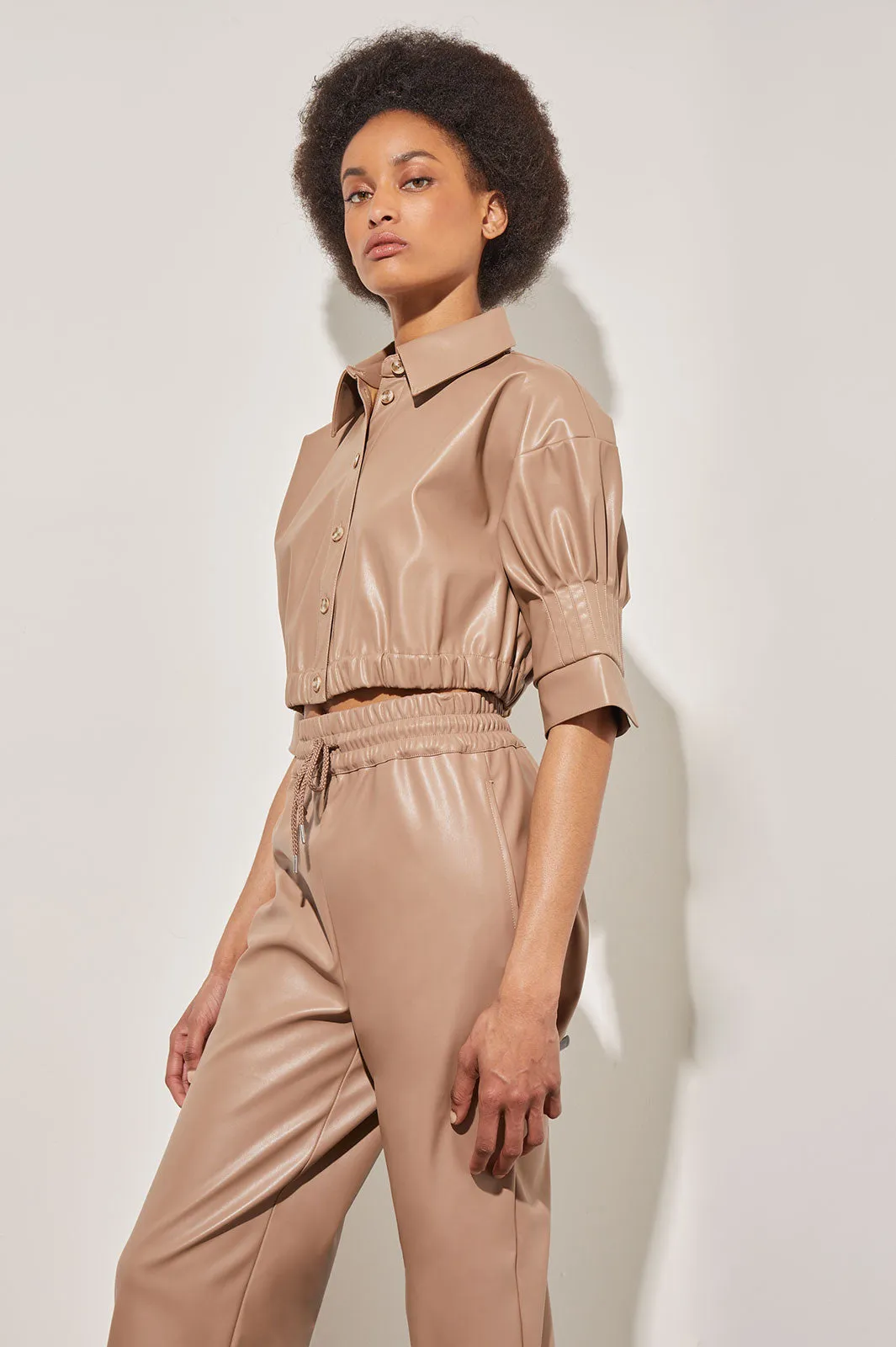 Crop Button Front Top - Elastic Band Faux Leather