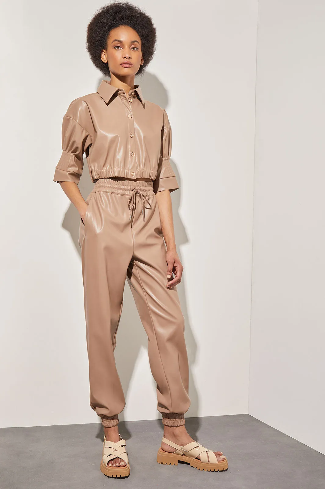 Crop Button Front Top - Elastic Band Faux Leather