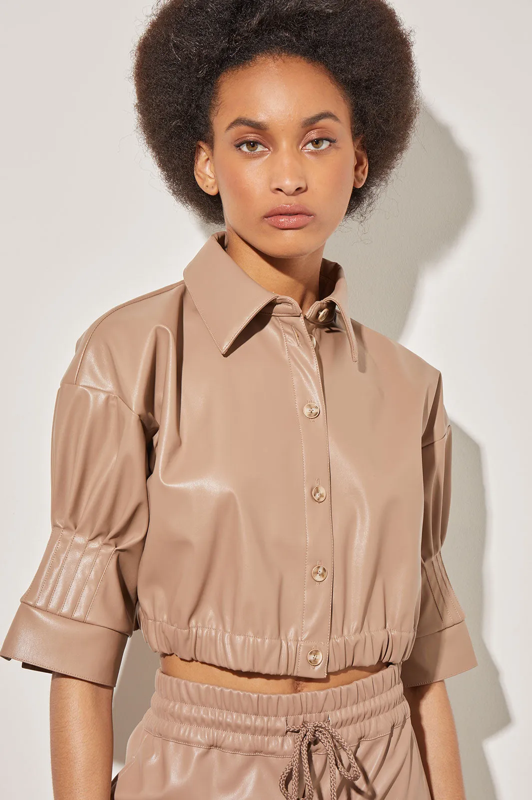 Crop Button Front Top - Elastic Band Faux Leather