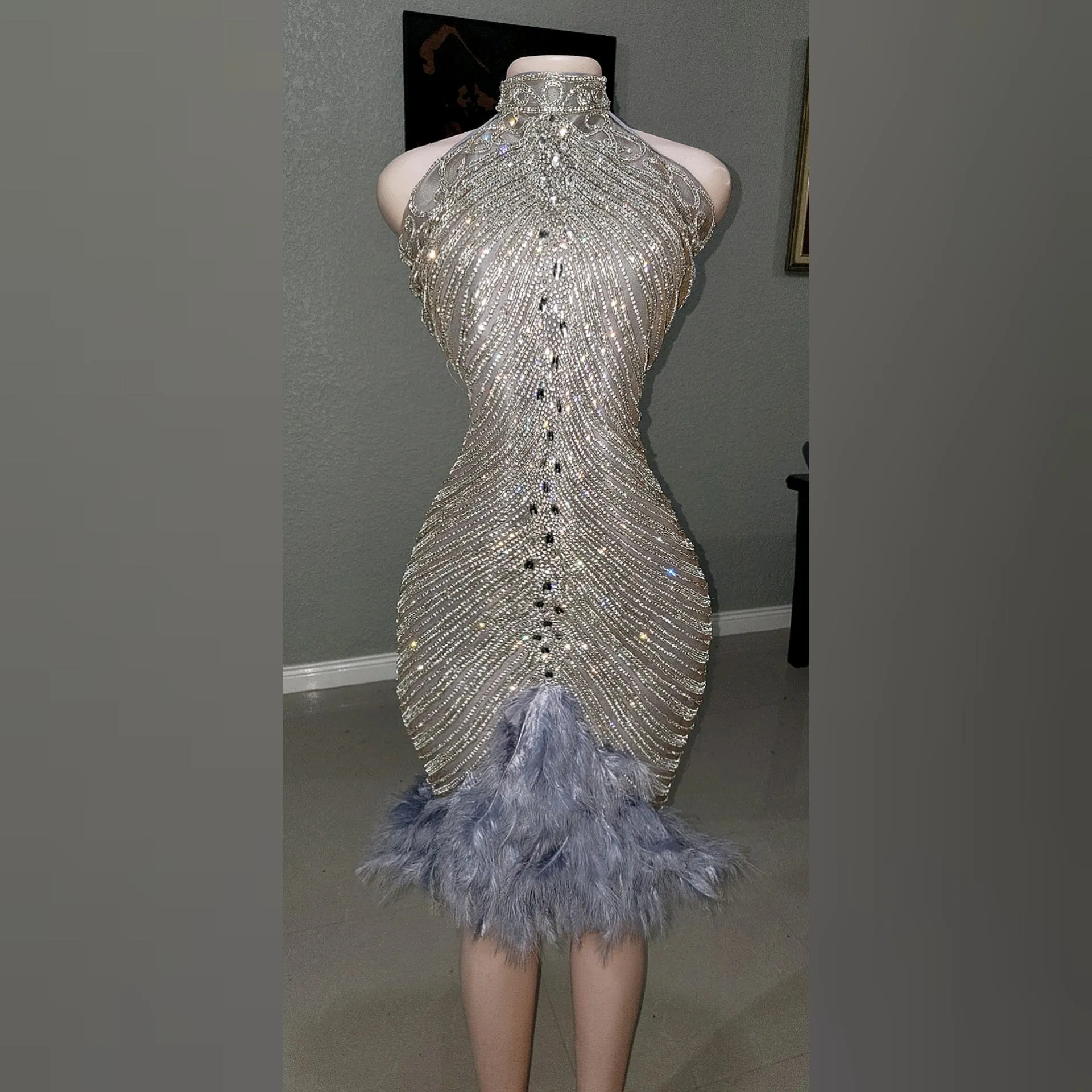 Diamond V Zena Rhinestone Feather Mini Dress