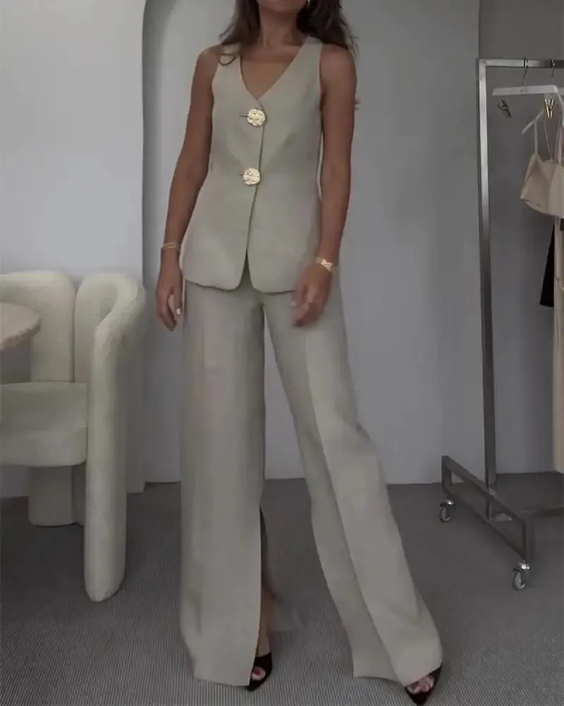 Elegant Tank Top Two Piece Sets Women Streetwear Summer 2024 New Solid V-neck Sleeveless Vest High Waisted Wide Leg Pants Suit