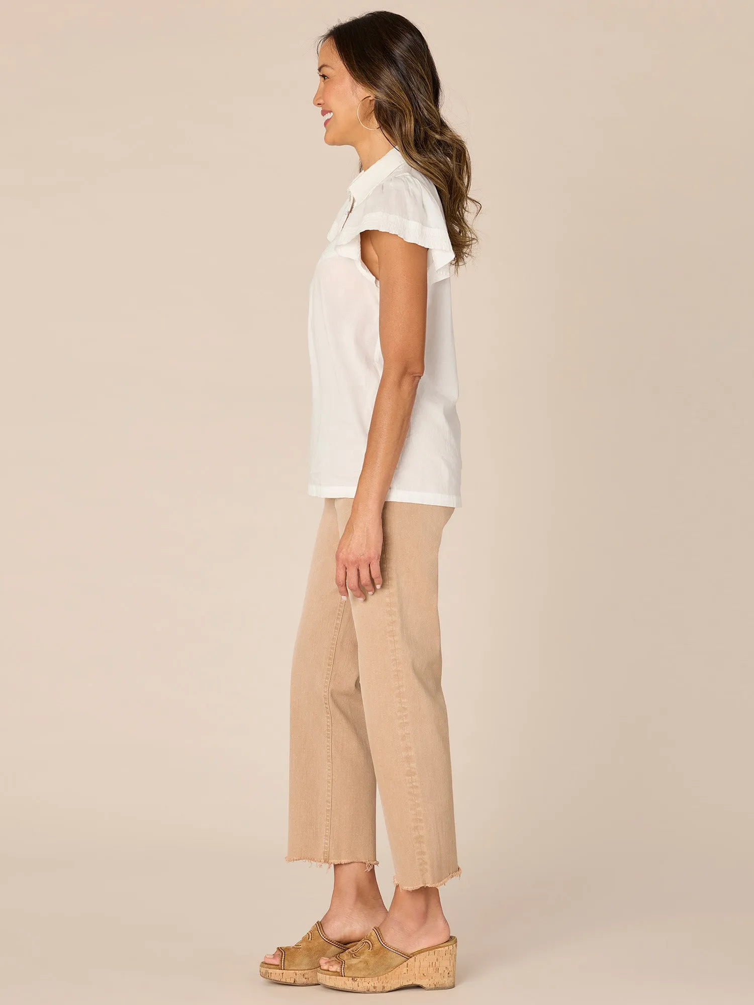 Flounce Sleeve Collared Neck Novelty Smocked Woven Top
