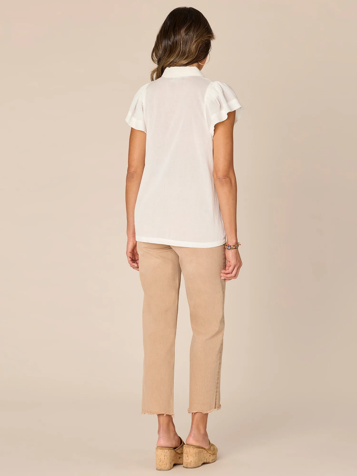 Flounce Sleeve Collared Neck Novelty Smocked Woven Top