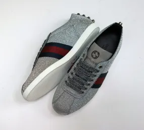 Gucci Bambi GG Silver Glitter Sneakers with Silver Studs, Grosgrain and Tiger Detail