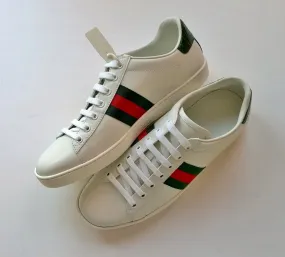 Gucci New Ace Classic Green Sneakers in White Leather new in box trainers