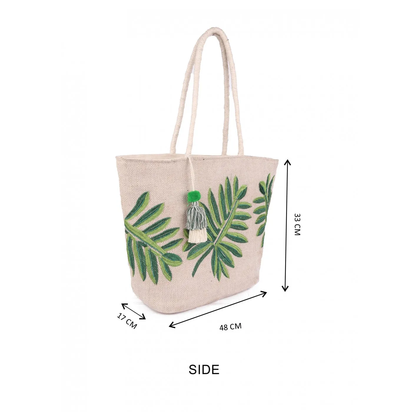 Leaf Embroidery Jute Cotton Shopper Bag