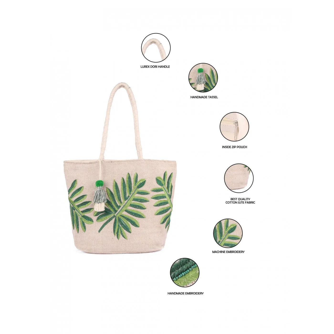 Leaf Embroidery Jute Cotton Shopper Bag