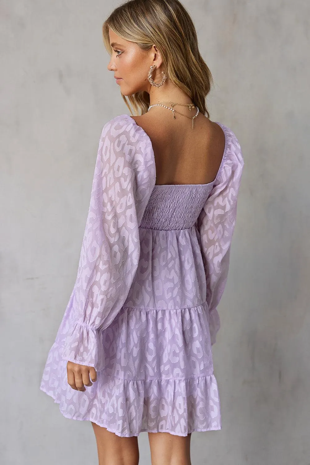 LEOPARD APPLIQUE FLOUNCE SLEEVE TIERED DRESS