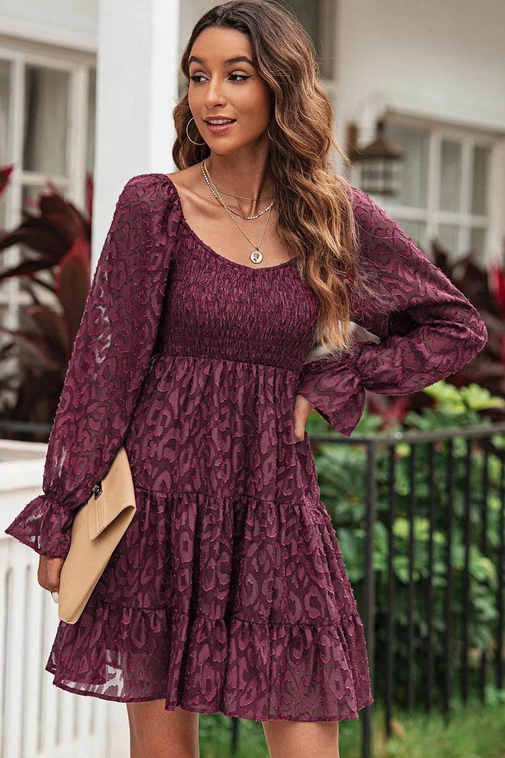 LEOPARD APPLIQUE FLOUNCE SLEEVE TIERED DRESS