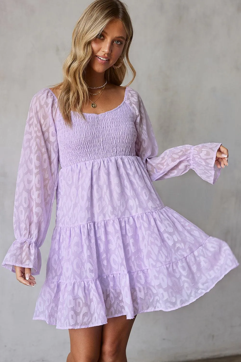LEOPARD APPLIQUE FLOUNCE SLEEVE TIERED DRESS