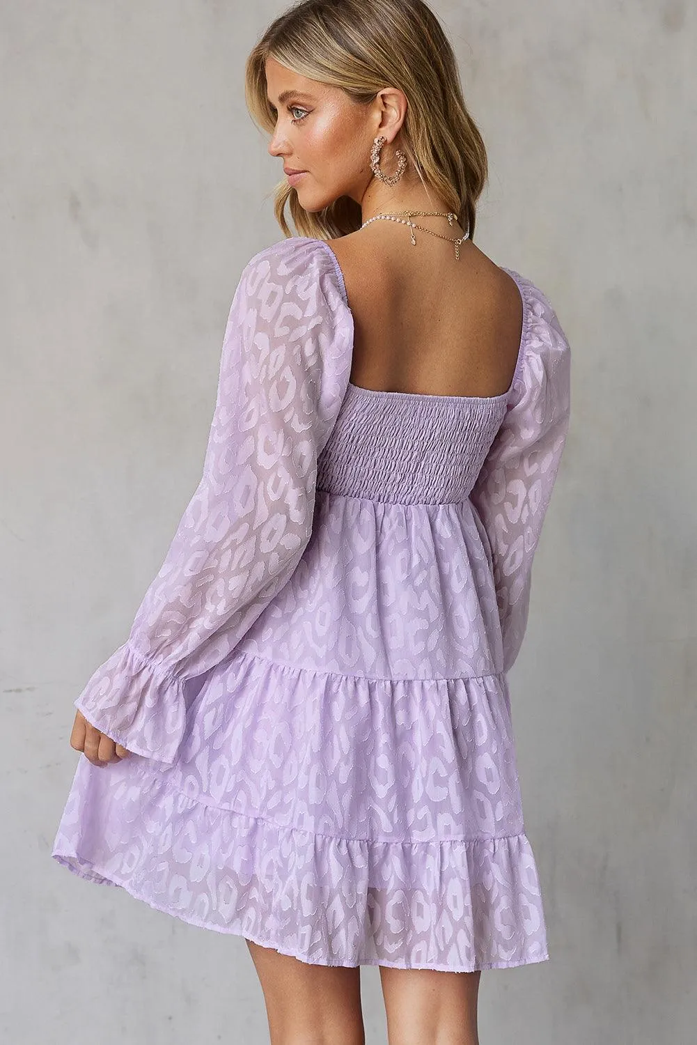 LEOPARD APPLIQUE FLOUNCE SLEEVE TIERED DRESS
