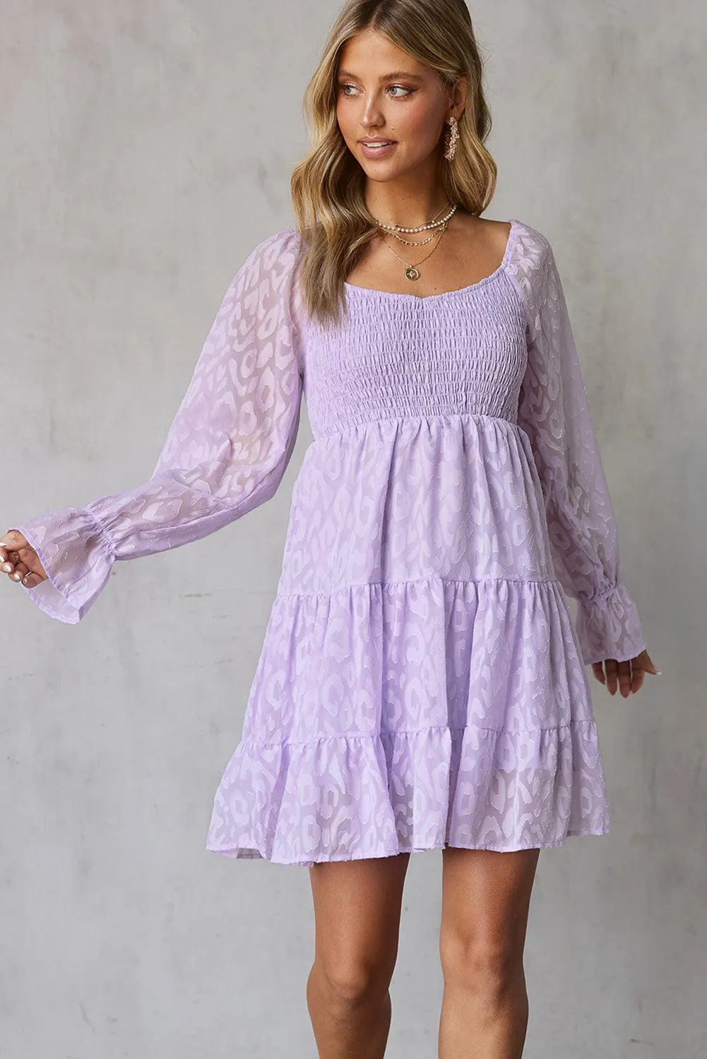LEOPARD APPLIQUE FLOUNCE SLEEVE TIERED DRESS