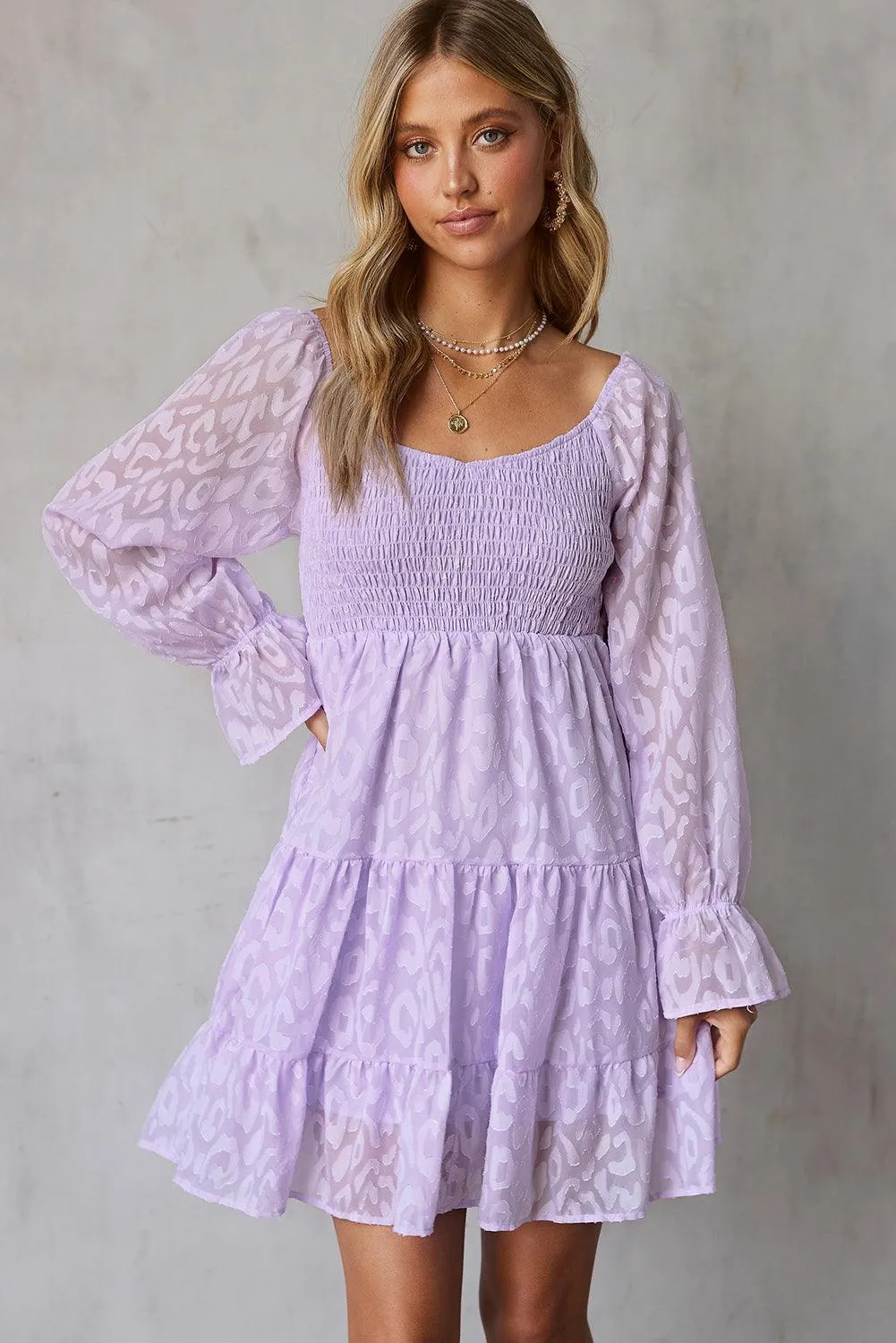 LEOPARD APPLIQUE FLOUNCE SLEEVE TIERED DRESS