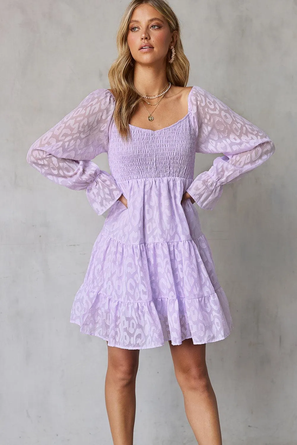 LEOPARD APPLIQUE FLOUNCE SLEEVE TIERED DRESS