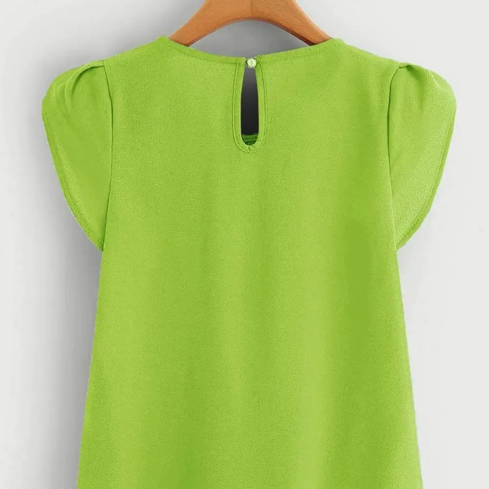 Loose Fit Shirt Stylish Women's Summer Tops Petal Sleeve Pleated T-shirt Solid Color Round Neck Blouse Casual for Large