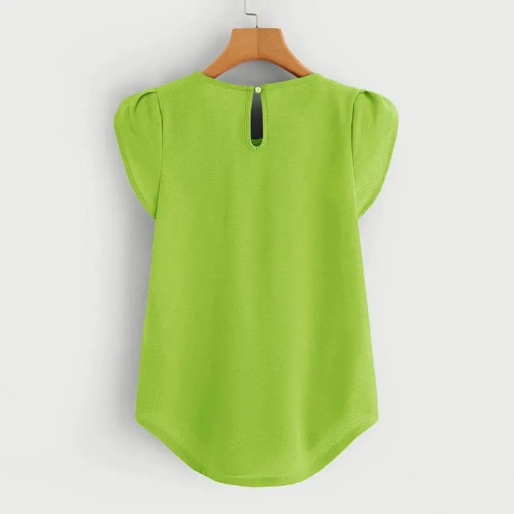Loose Fit Shirt Stylish Women's Summer Tops Petal Sleeve Pleated T-shirt Solid Color Round Neck Blouse Casual for Large