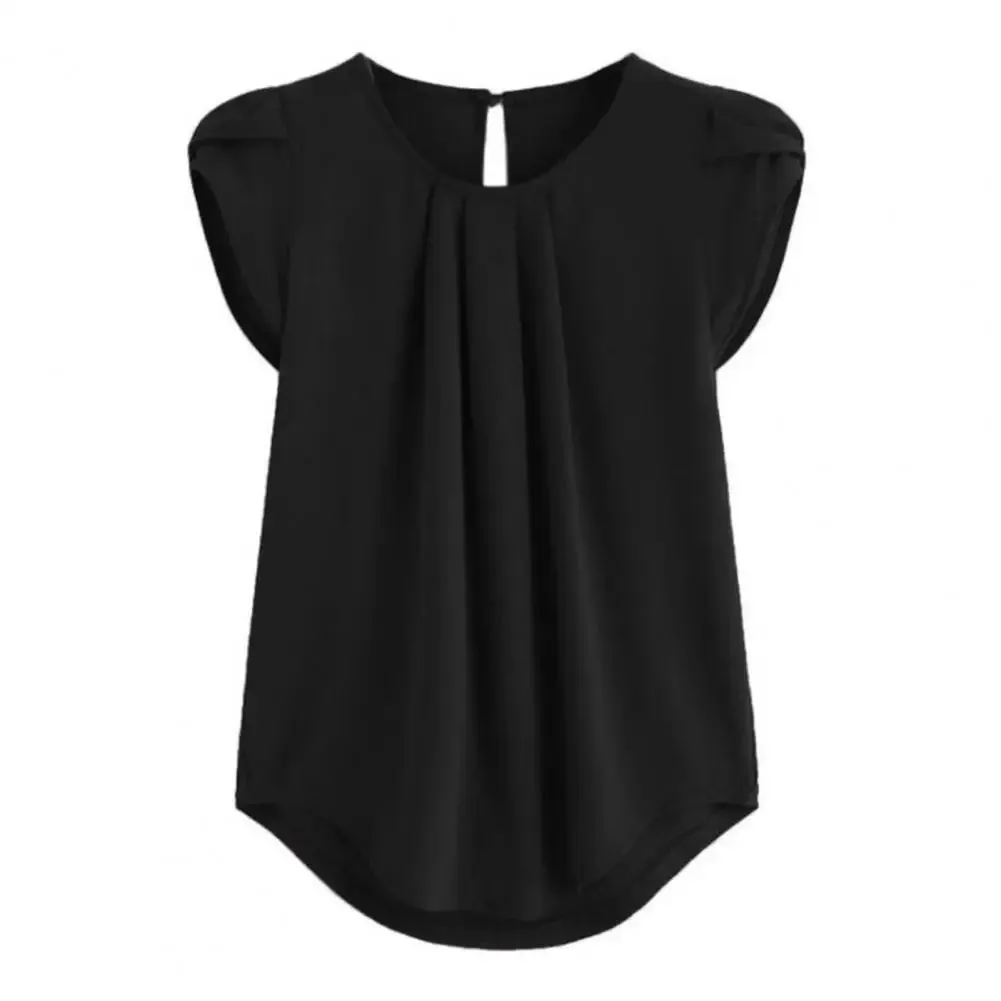 Loose Fit Shirt Stylish Women's Summer Tops Petal Sleeve Pleated T-shirt Solid Color Round Neck Blouse Casual for Large
