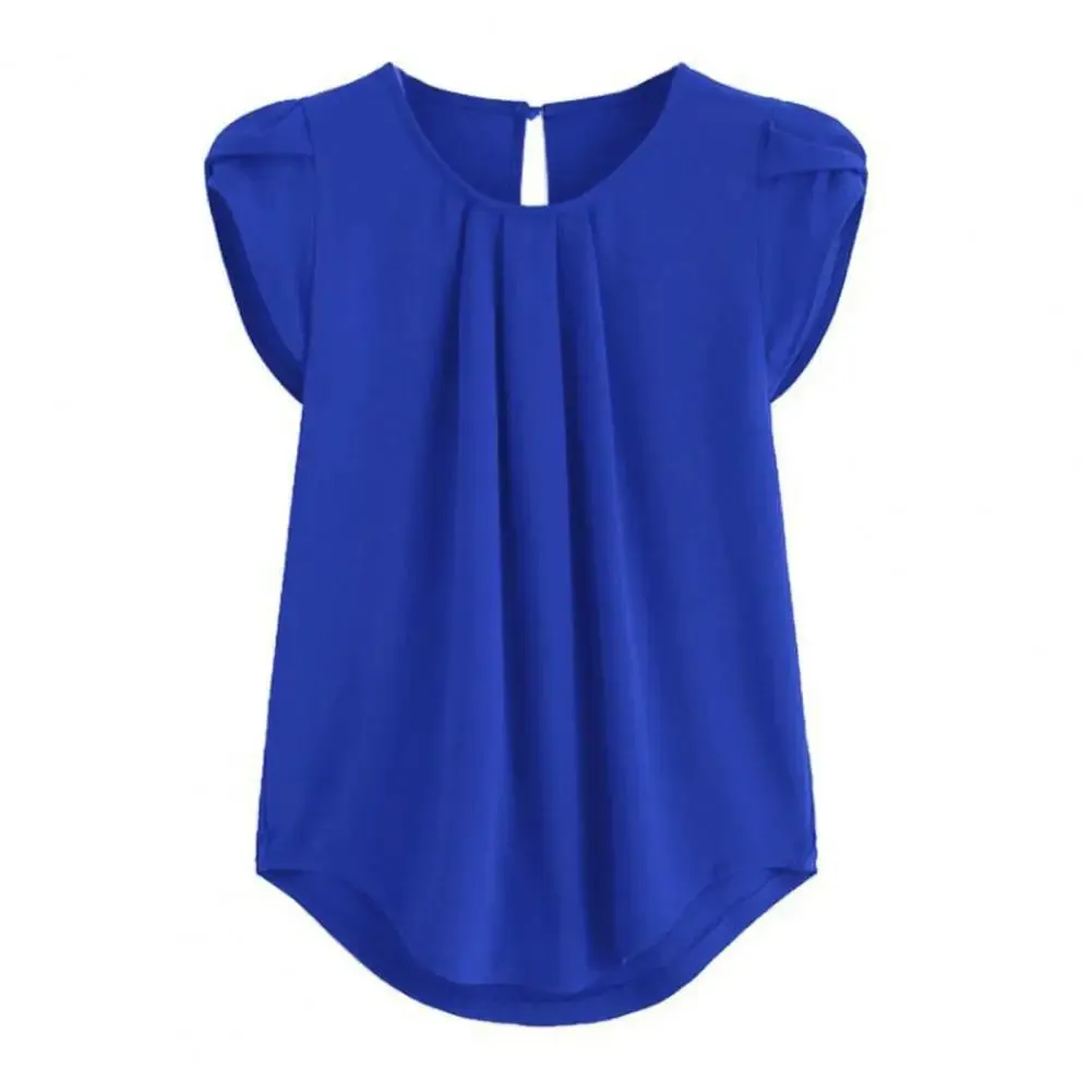 Loose Fit Shirt Stylish Women's Summer Tops Petal Sleeve Pleated T-shirt Solid Color Round Neck Blouse Casual for Large
