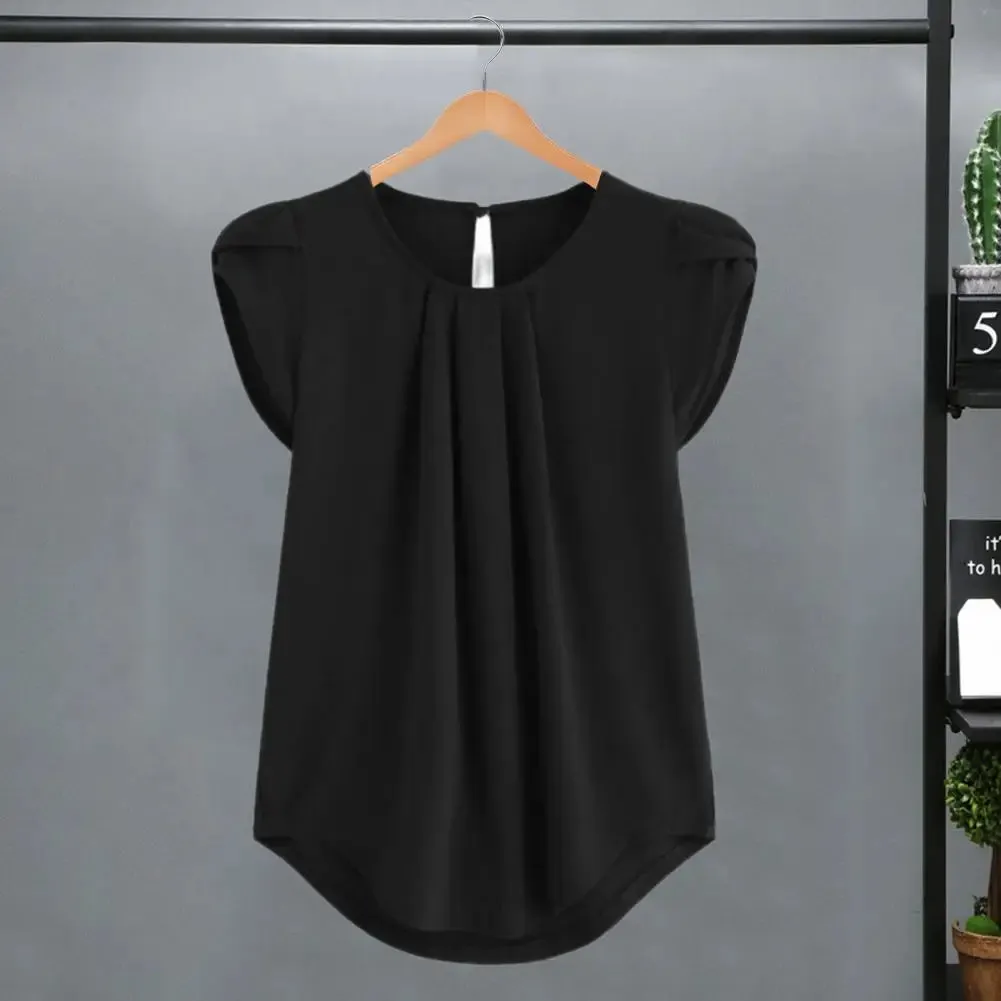 Loose Fit Shirt Stylish Women's Summer Tops Petal Sleeve Pleated T-shirt Solid Color Round Neck Blouse Casual for Large
