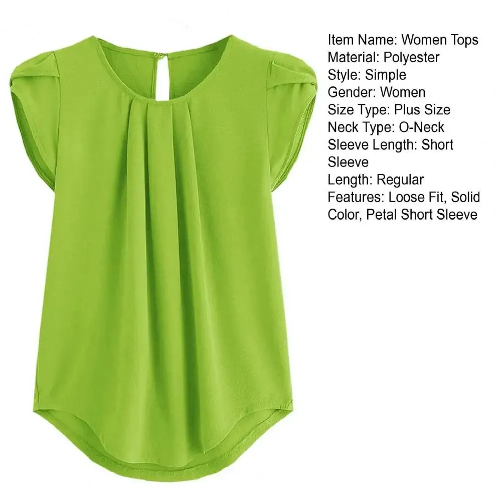 Loose Fit Shirt Stylish Women's Summer Tops Petal Sleeve Pleated T-shirt Solid Color Round Neck Blouse Casual for Large