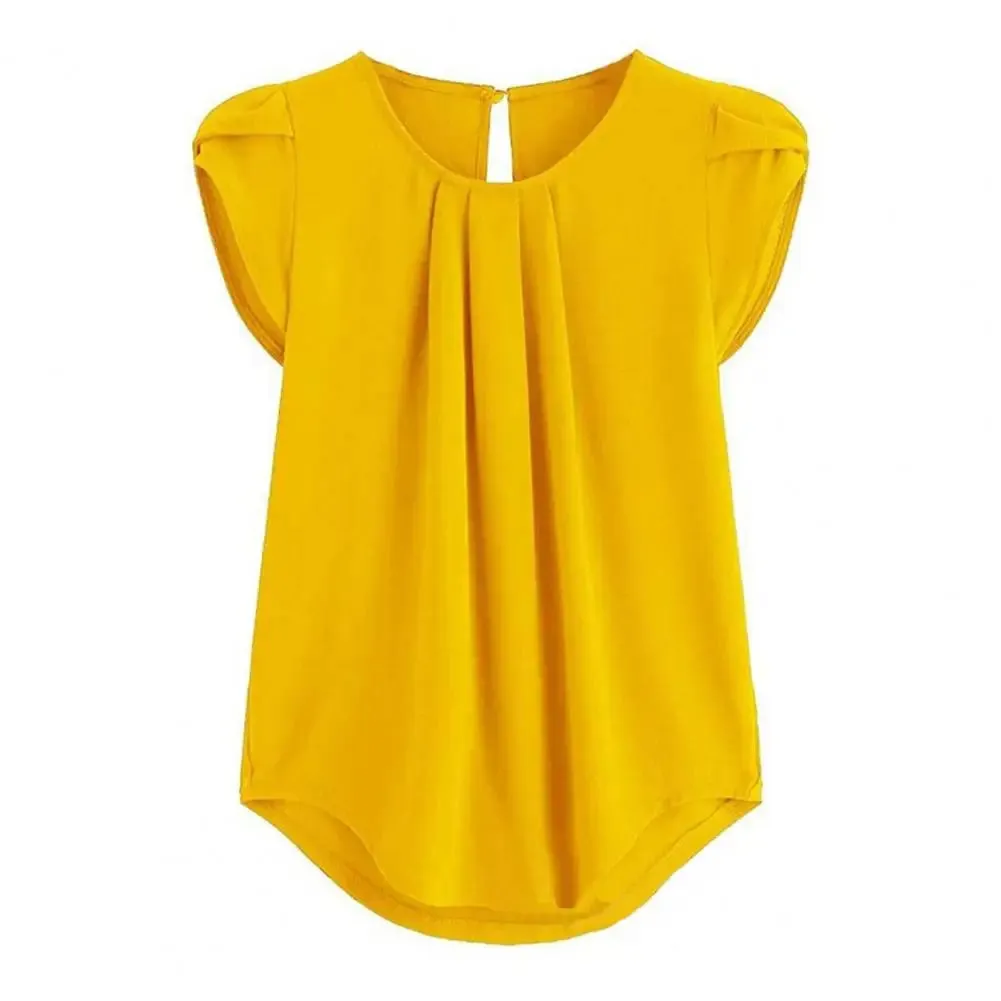 Loose Fit Shirt Stylish Women's Summer Tops Petal Sleeve Pleated T-shirt Solid Color Round Neck Blouse Casual for Large