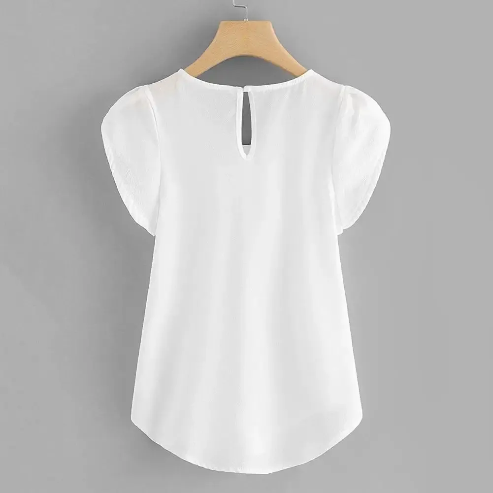 Loose Fit Shirt Stylish Women's Summer Tops Petal Sleeve Pleated T-shirt Solid Color Round Neck Blouse Casual for Large