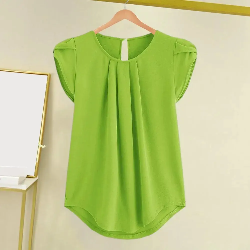 Loose Fit Shirt Stylish Women's Summer Tops Petal Sleeve Pleated T-shirt Solid Color Round Neck Blouse Casual for Large