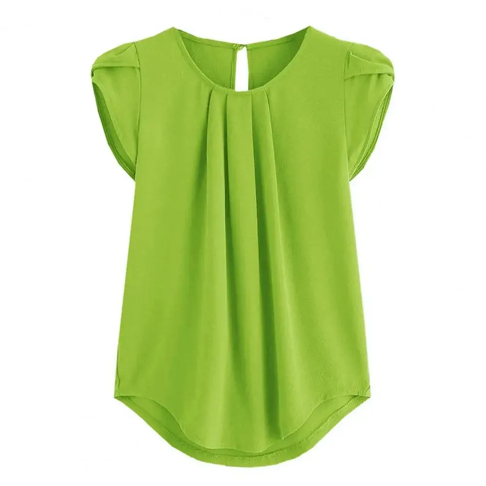 Loose Fit Shirt Stylish Women's Summer Tops Petal Sleeve Pleated T-shirt Solid Color Round Neck Blouse Casual for Large