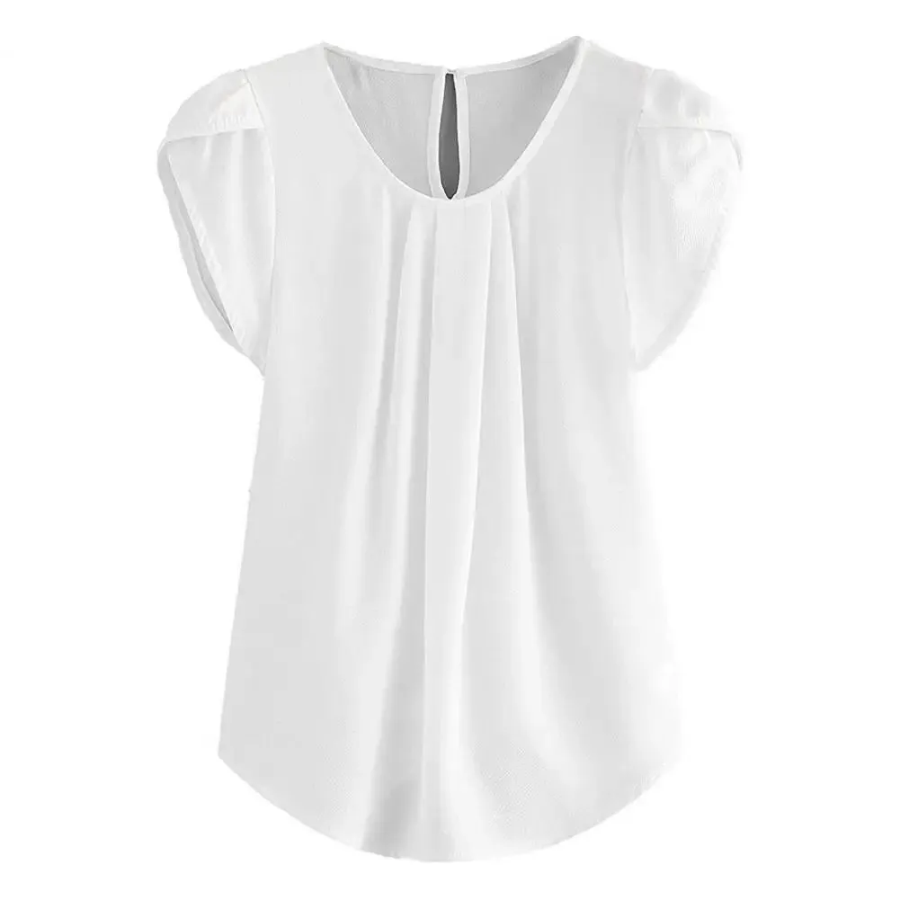 Loose Fit Shirt Stylish Women's Summer Tops Petal Sleeve Pleated T-shirt Solid Color Round Neck Blouse Casual for Large