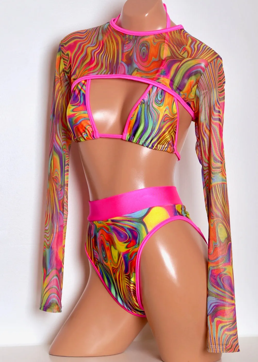 Mesh Shrug in Acid Swirl with Neon Pink Trim