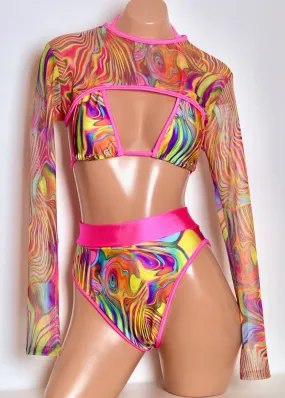 Mesh Shrug in Acid Swirl with Neon Pink Trim