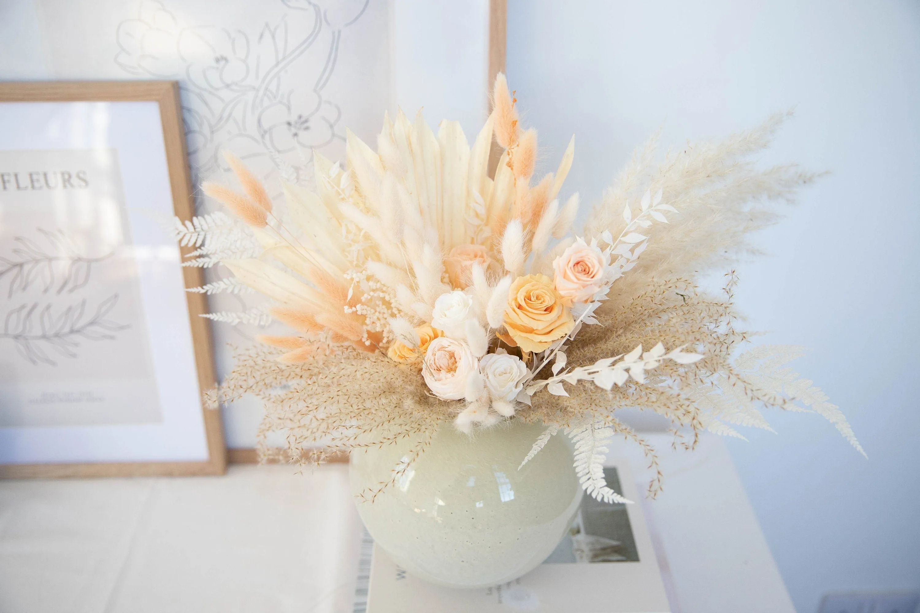 Pampas & Sun Palm Eternal Roses Wedding Centerpiece Table Top Decoration