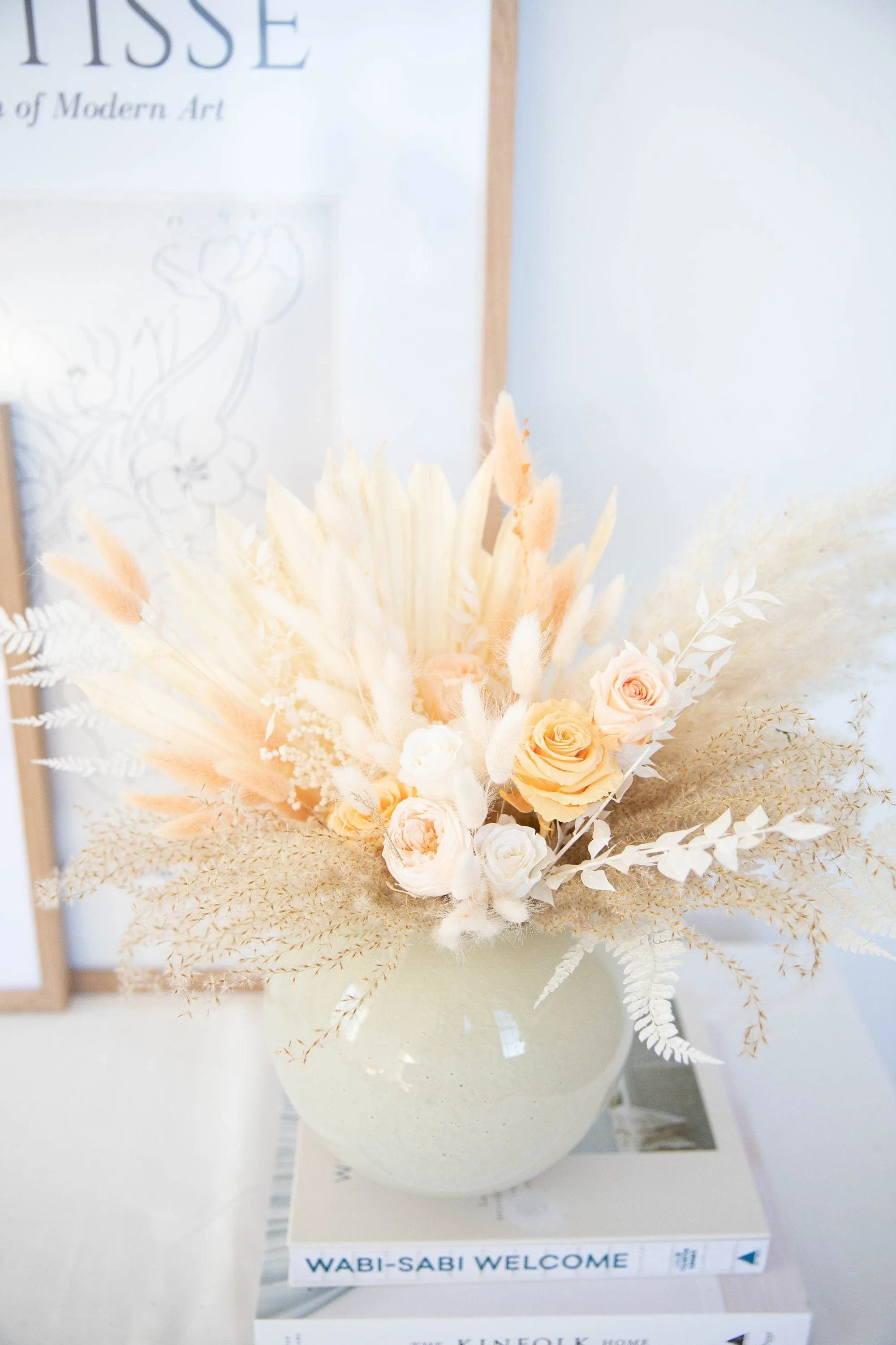 Pampas & Sun Palm Eternal Roses Wedding Centerpiece Table Top Decoration