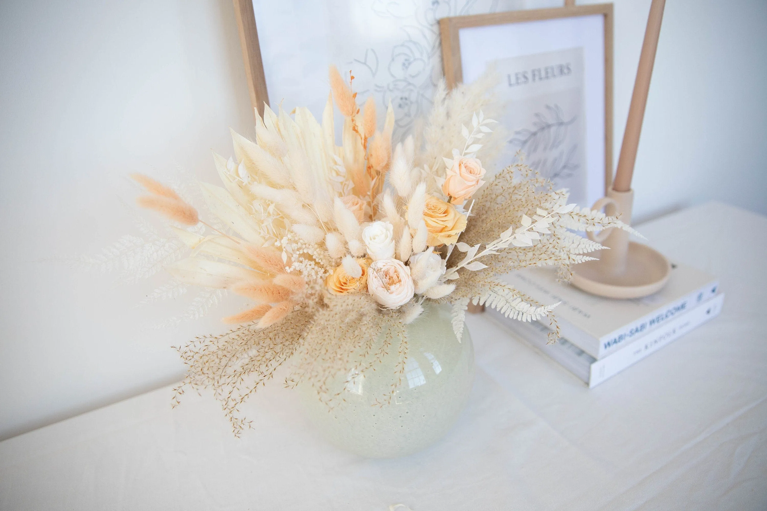 Pampas & Sun Palm Eternal Roses Wedding Centerpiece Table Top Decoration