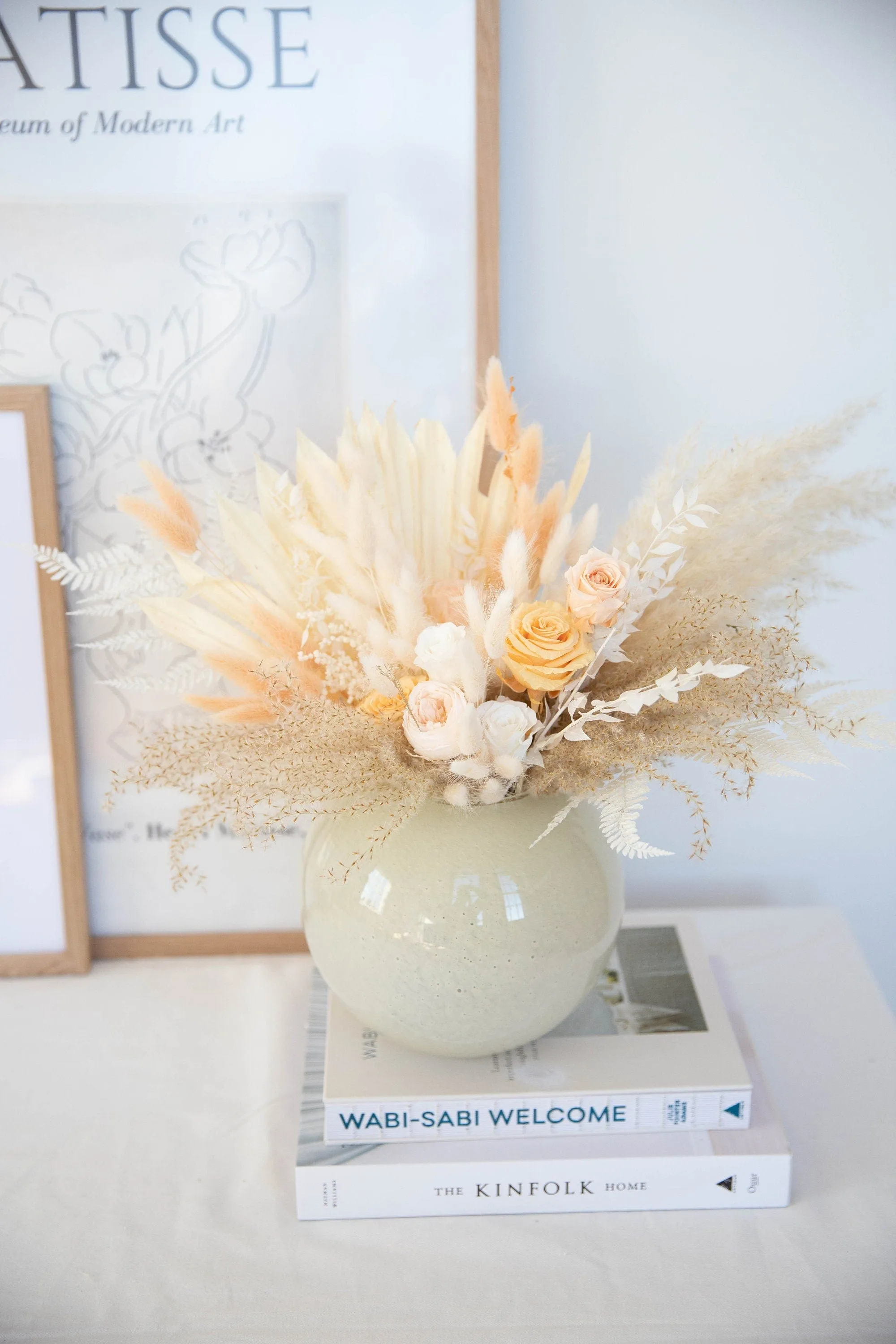 Pampas & Sun Palm Eternal Roses Wedding Centerpiece Table Top Decoration