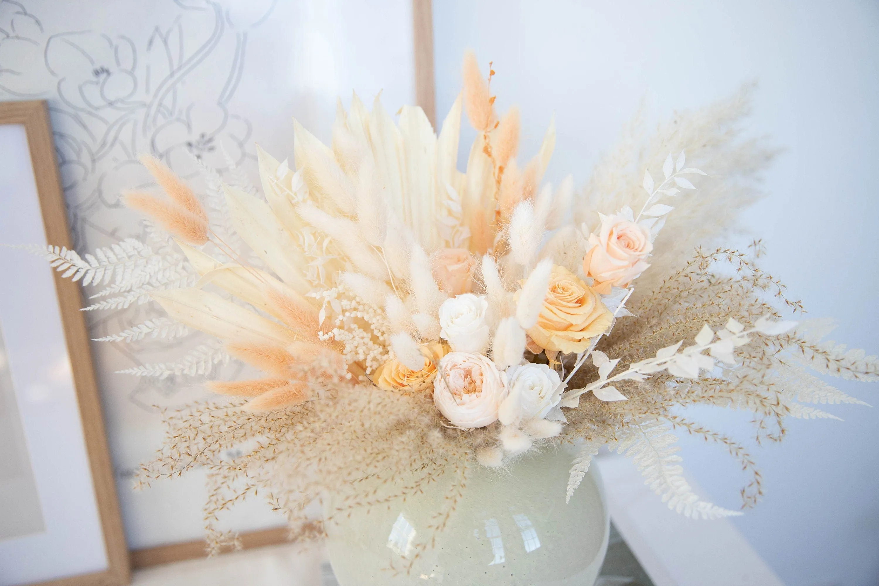 Pampas & Sun Palm Eternal Roses Wedding Centerpiece Table Top Decoration