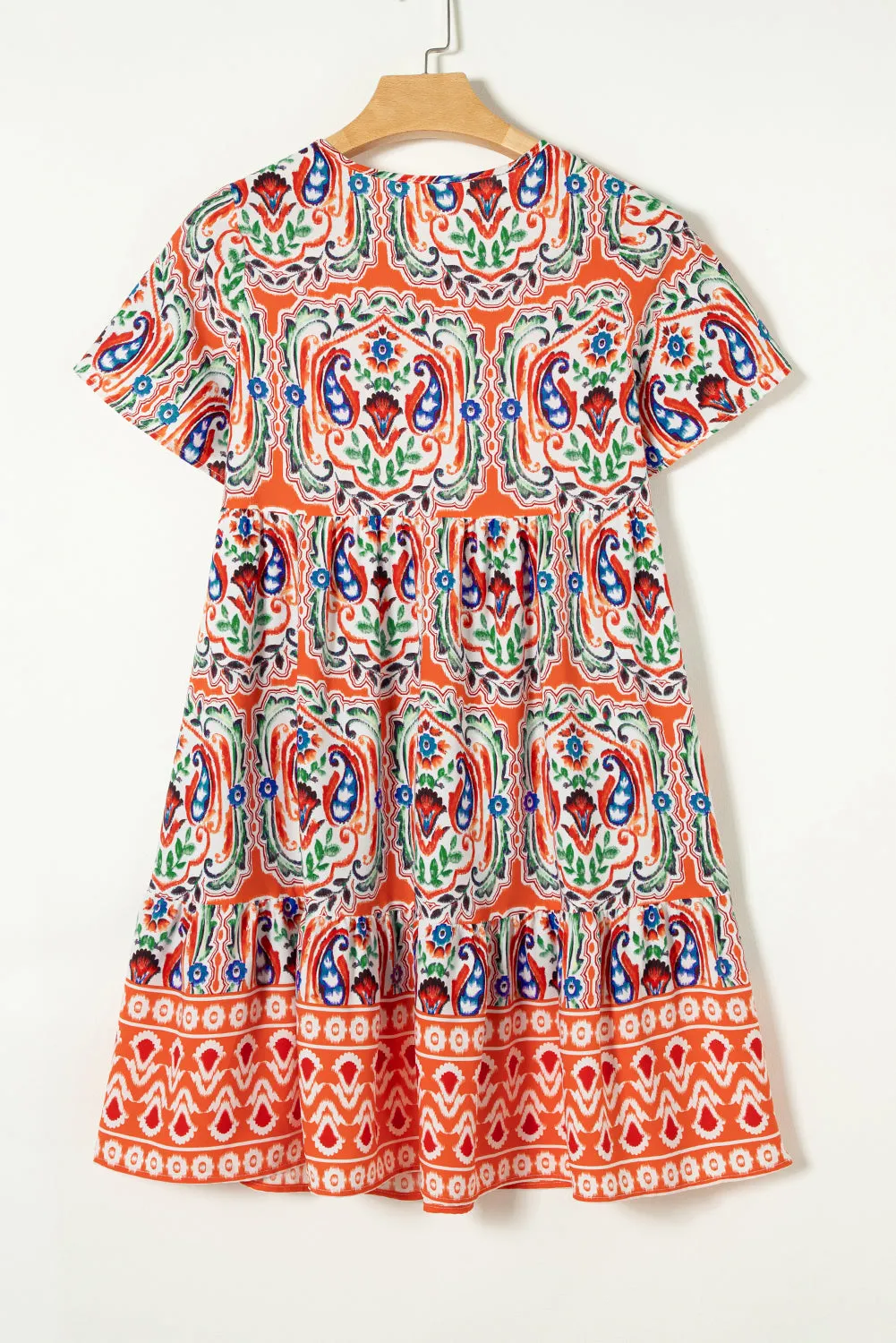 Pink Bohemian Tie Neck Flounce Sleeve Ruffle Hem Mini Dress