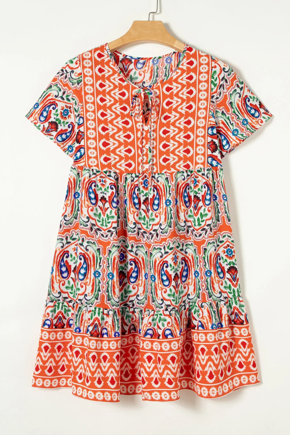 Pink Bohemian Tie Neck Flounce Sleeve Ruffle Hem Mini Dress