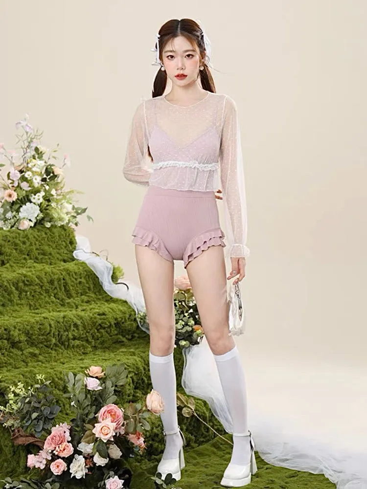 Pink Petals Ribbed Swimsuit & Sheer Top