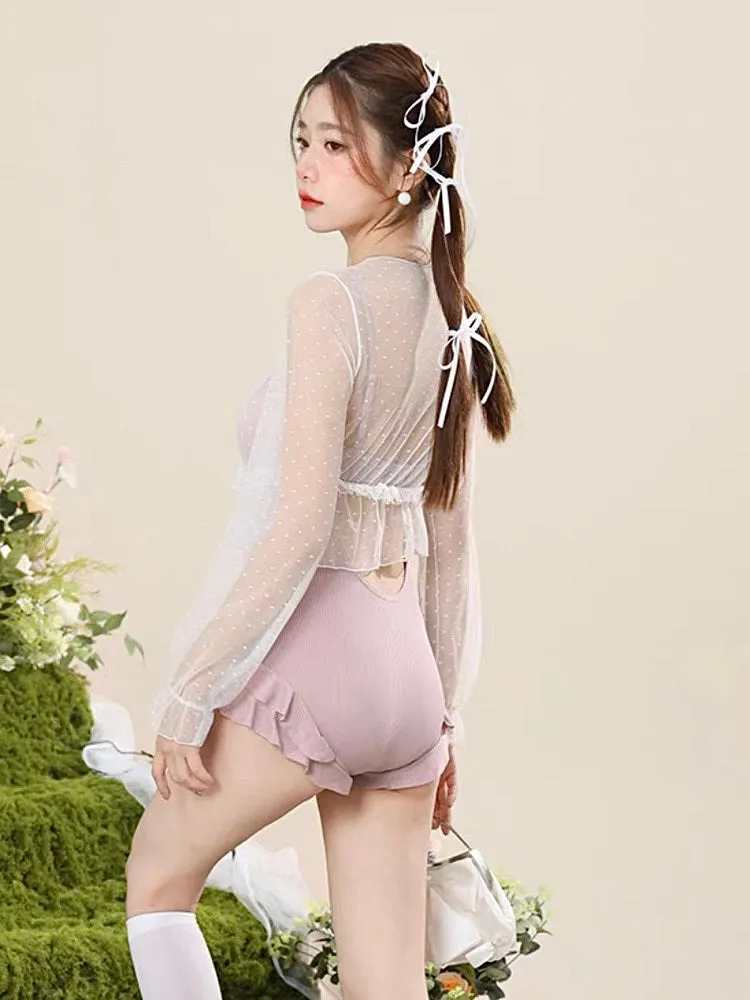 Pink Petals Ribbed Swimsuit & Sheer Top