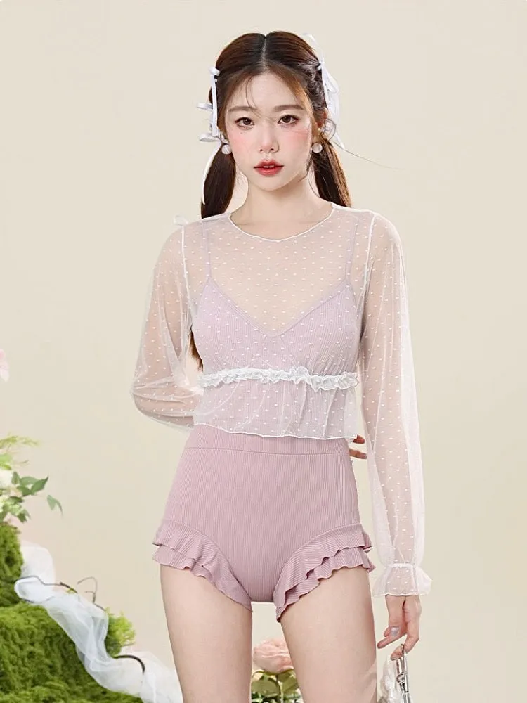 Pink Petals Ribbed Swimsuit & Sheer Top