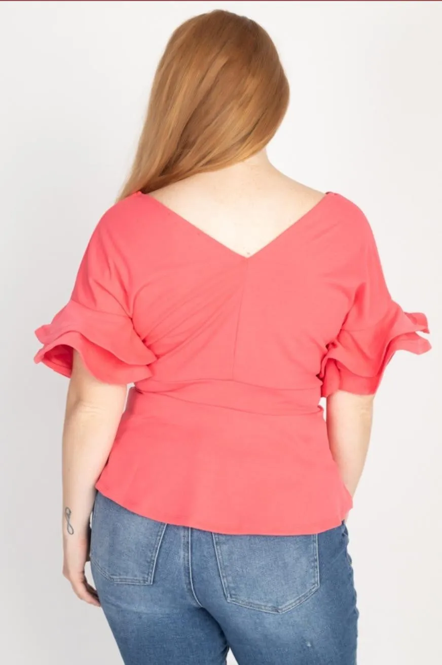 Royal Curves Coral Tiered Ruffled Sleeve Top