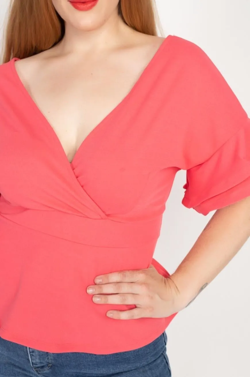Royal Curves Coral Tiered Ruffled Sleeve Top