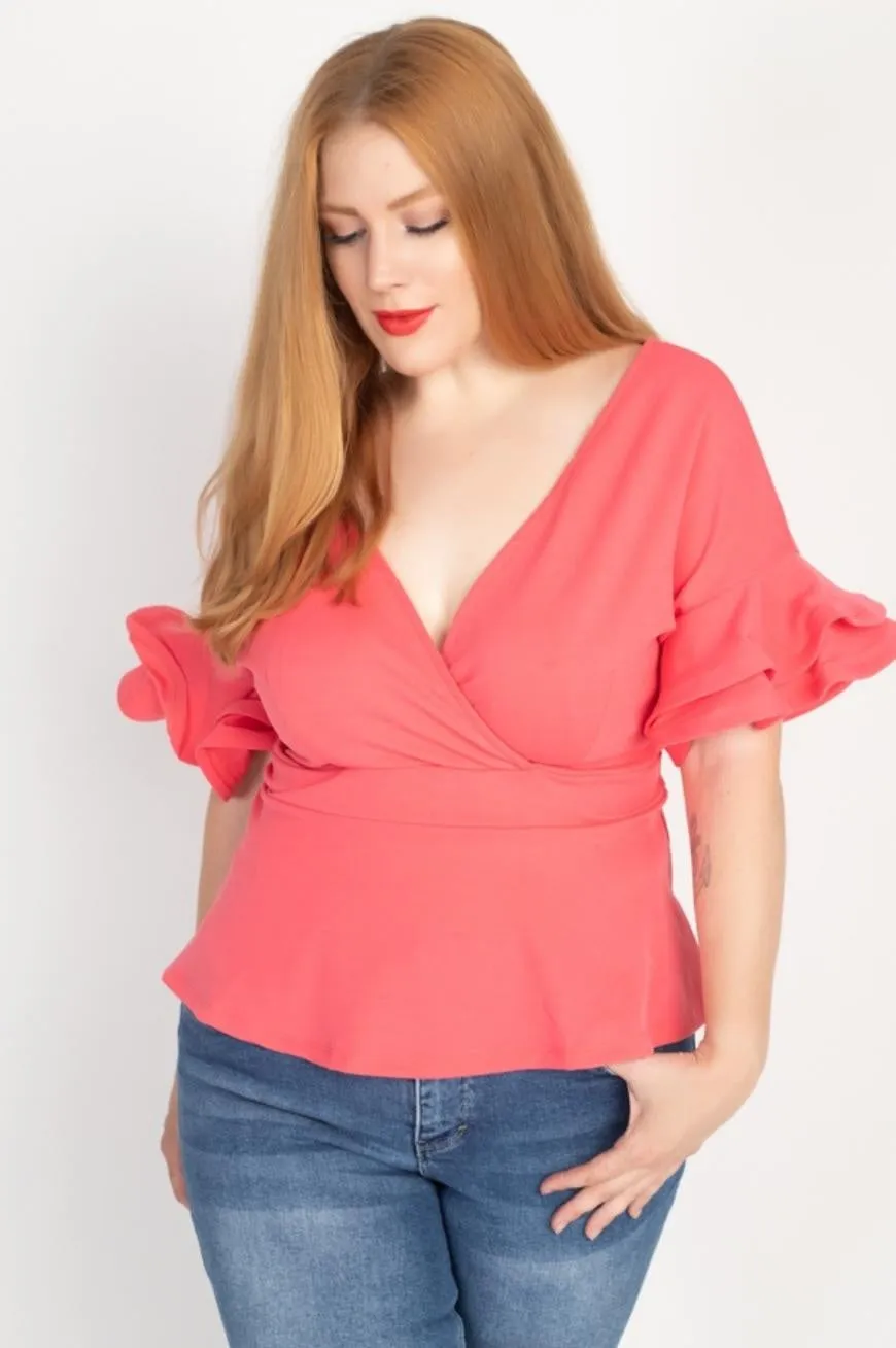 Royal Curves Coral Tiered Ruffled Sleeve Top