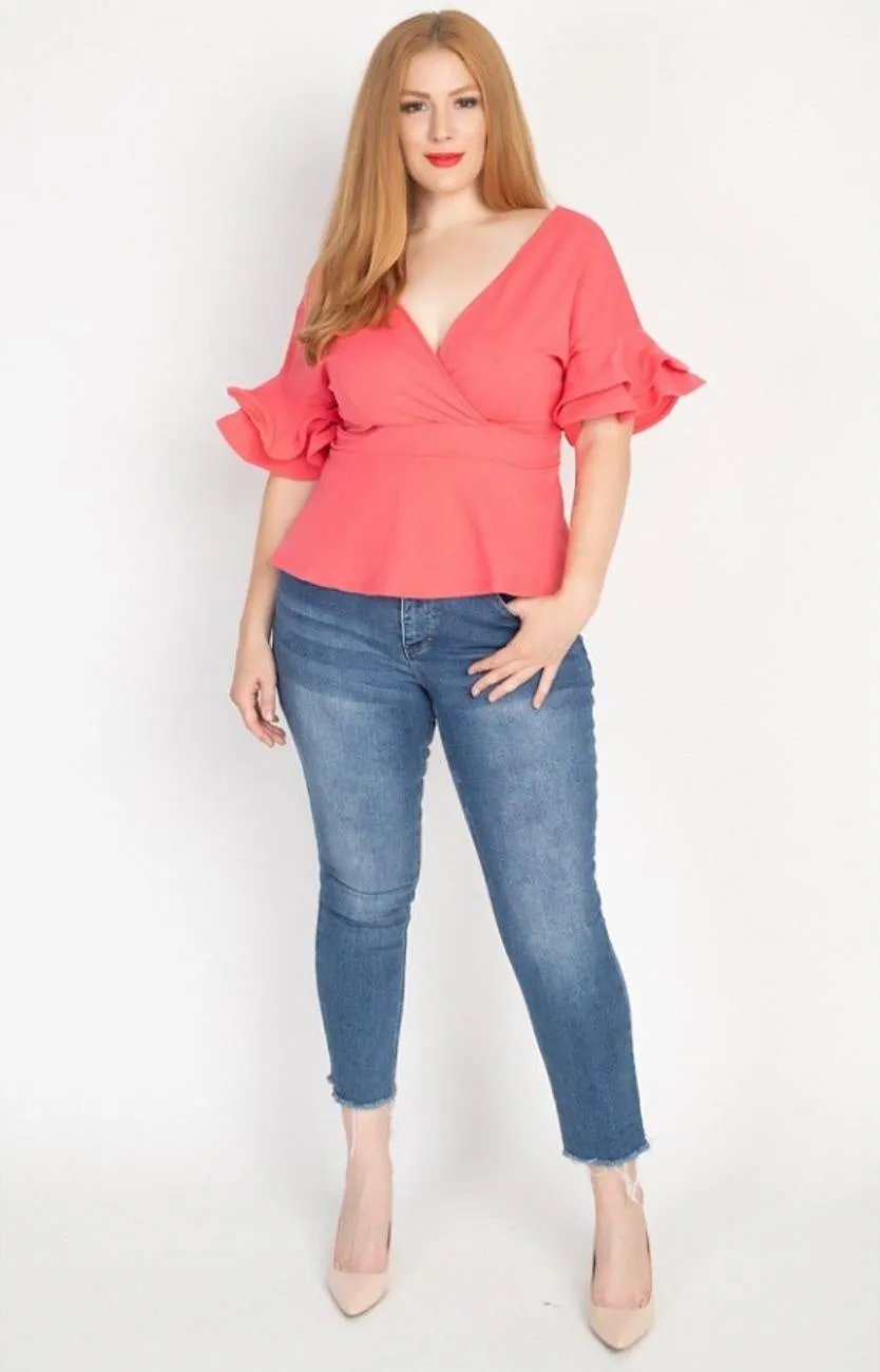Royal Curves Coral Tiered Ruffled Sleeve Top