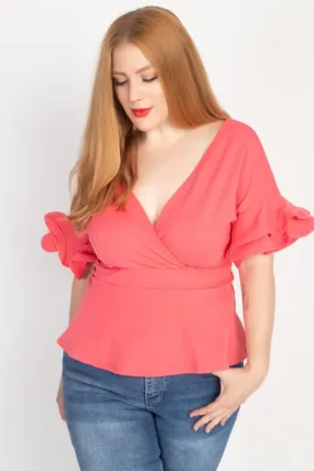 Royal Curves Coral Tiered Ruffled Sleeve Top