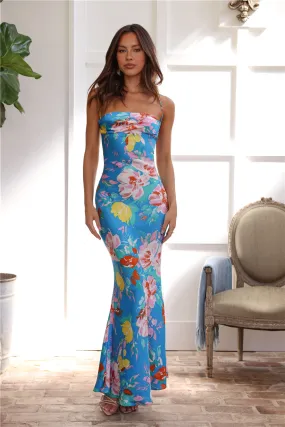 Tropics In Bloom Satin Maxi Dress Blue