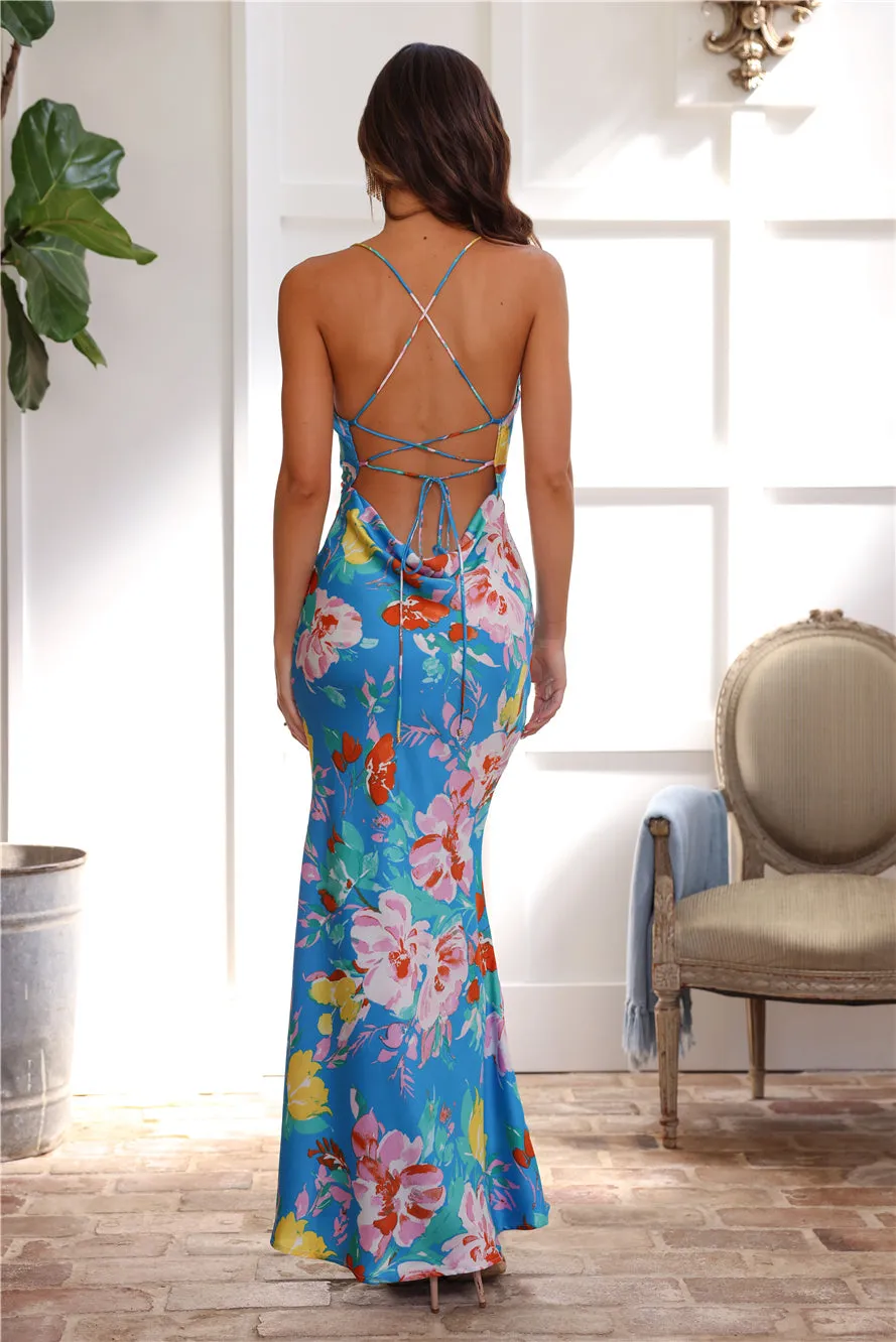 Tropics In Bloom Satin Maxi Dress Blue