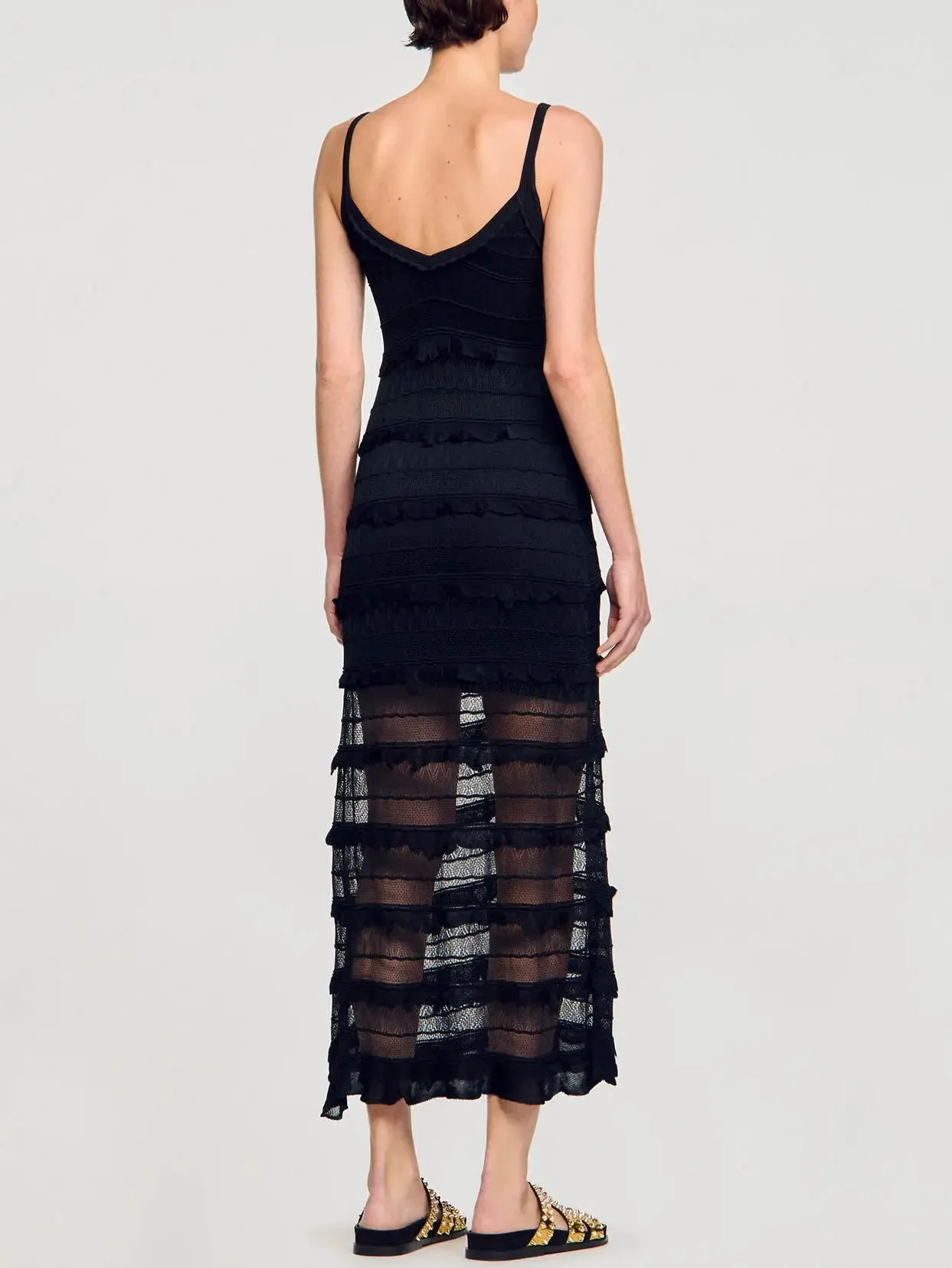 Women’s Black Crochet Long Knit Tiered Sleeveless Dress