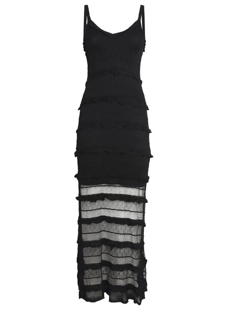 Women’s Black Crochet Long Knit Tiered Sleeveless Dress